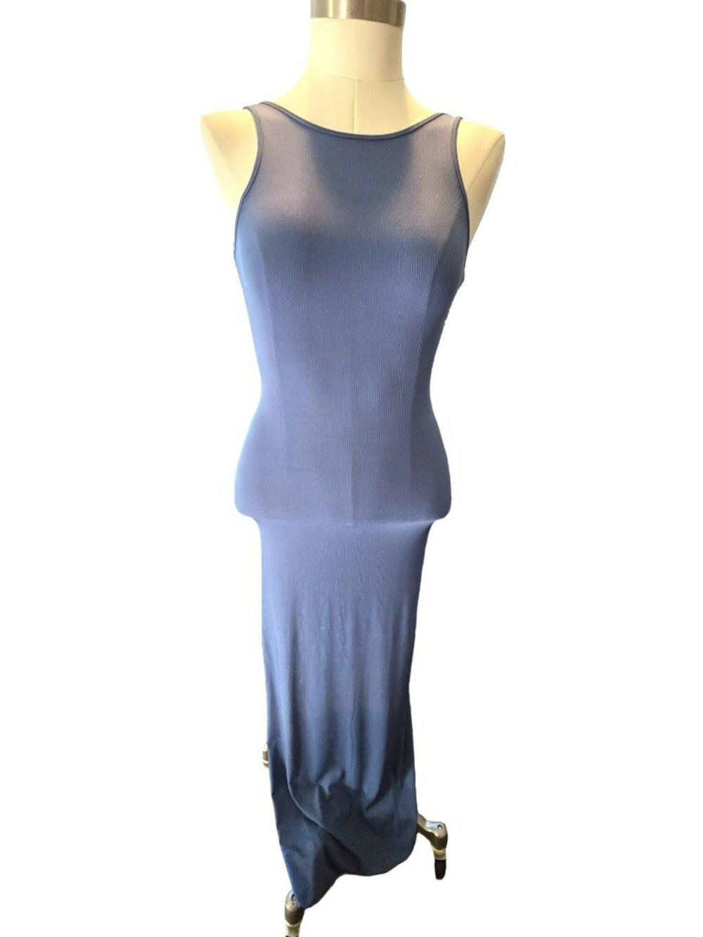 Blue Ribbed Maxi Dress Backless Sleeveless Size Small Bodycon Fitted VR700